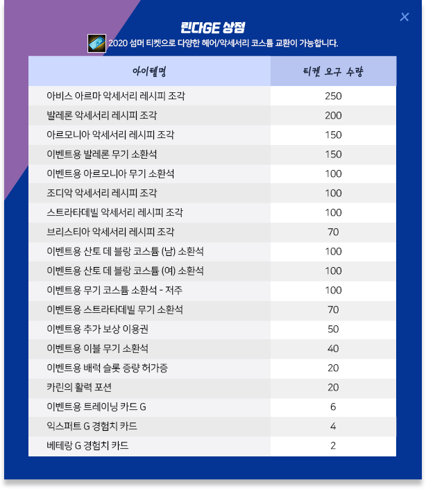 2020 섬머 티켓으로 다양한 헤어/악세서리 코스튬 교환이 가능합니다.
