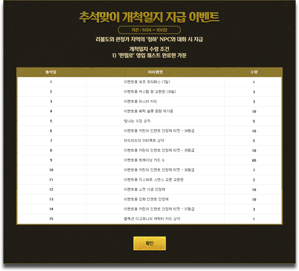 추석맞이 개척일지 보상품 리스트