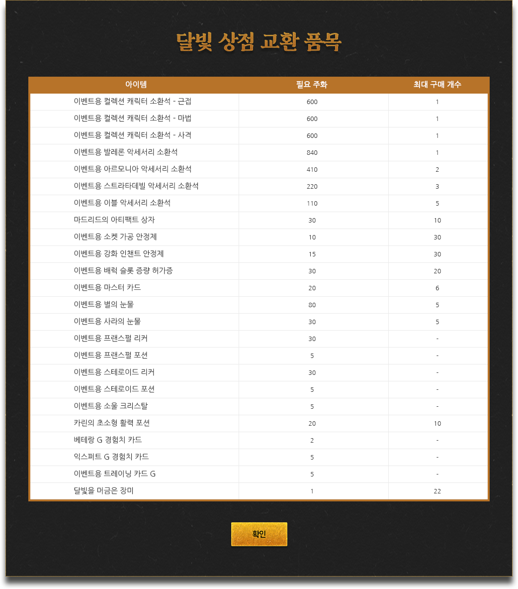 달빛 상점 교환 품목 리스트