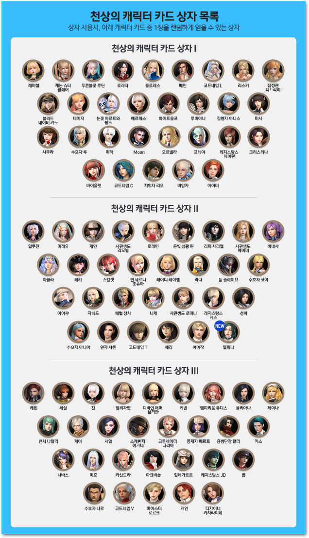 천상의 캐릭터 카드 상자 리스트