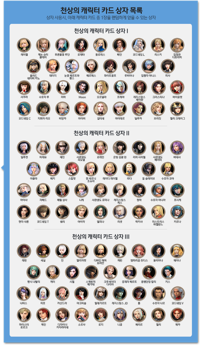 천상의 캐릭터 카드 상자 리스트